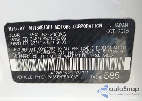 2015 Mitsubishi Lancer Evolution Final Edition z USA, uszkodzony, nr VIN JA32W7FV2FU028031